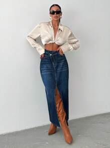 EURMUSE 100% Baumwolle ASYMMETRISCHER GÜRTEL MIT SCHLITZDETAIL MAXI Denim Rock - Mittele Waschung - Übersicht 3