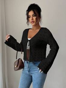 Elenzga Women's Elegant Solid Color Lace-Up Hollow Out Knitted Cardigan Fall Winter Cloth For Women - Black - View 7