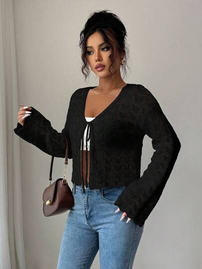 Flora Isola Flora Isola Women's Elegant Solid Color Lace-Up Hollow Out Knitted Cardigan Fall Winter Cloth For Women