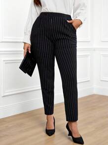 Miaspire Plus Size Women Striped Pocket Skinny Casual Pants, Suitable For Commute