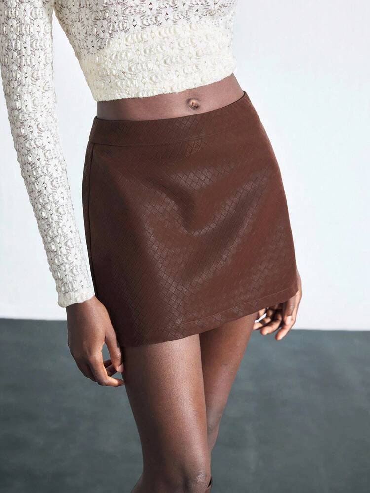 SHEIN Maija 2025년 초가을 텍스처 PU 체크 여성 미디 스커트