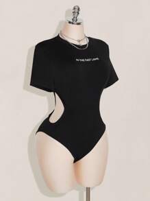 SHEIN ICON 加大码 Y2K Baddie 女款黑色高弹镂空轻薄无缝针织连体衣 - 黑色 - 查看 4