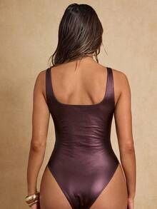 SHEIN BAE Body sans manches en PU de couleur unie pour femmes - Tabac - Voir 2