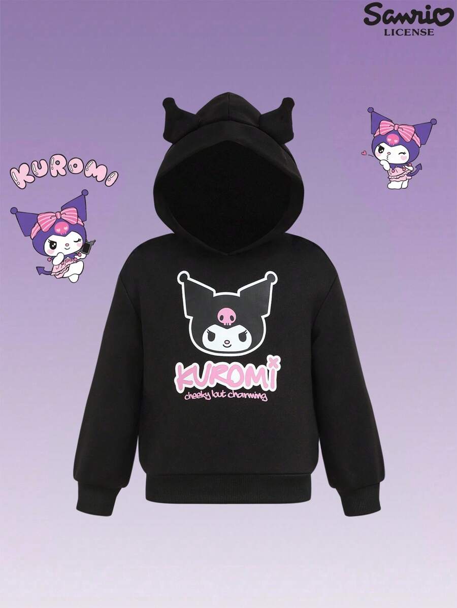 HELLO KITTY AND FRIENDS | SHEIN 女宝宝卡通图案3D耳朵连帽宽松落肩黑色卫衣，秋冬 - 黑色 - 查看 1