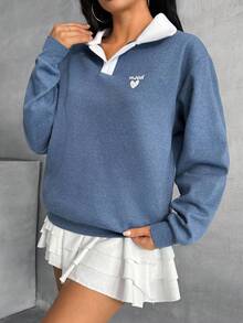 EURMUSE Block Color, Embroidery Details, Polo Sweatshirt - Navy Blue - View 3