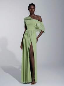 Elitara 优雅浪漫雪纺不对称露肩褶饰垂袖高开衩 A 字下摆连衣裙，适合婚礼、活动、约会、伴娘 - 薄荷綠 - 查看 2