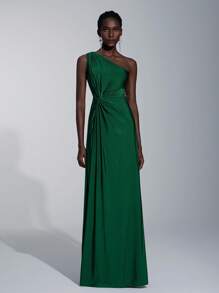 Elitara Vestido holgado de dama de honor de línea A con un hombro, de tela elástica tejida de color verde romántico y elegante