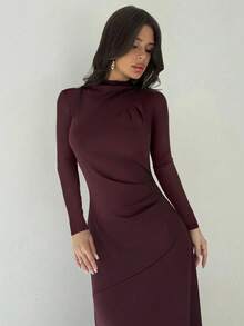 Firerie Women's Elegant Burgundy Autumn Maxi Knit Dress,Asymmetric Shoulder Long Sleeve Cinched Waist A-Line,Dining Party Wedding Guest,Casual Commute Daily - Burgundy - View 4