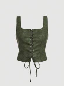 SHEIN MOD 大码女式复古镂空系带橄榄绿背心，休闲日常穿着，秋冬上衣，西部牛仔风，音乐会，商务，工作，做旧水洗效果，新年，情人节 - 軍綠色 - 查看 1