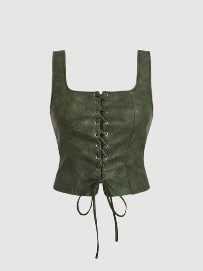 SHEIN MOD Plus Size Women Vintage Eyelet Lace-Up Olive Green Tank Tops, Casual Everyday Wear, Fall/Winter Top, Western, Concert, Business, Work, Smudged Distressed Top, New Year, Valentine