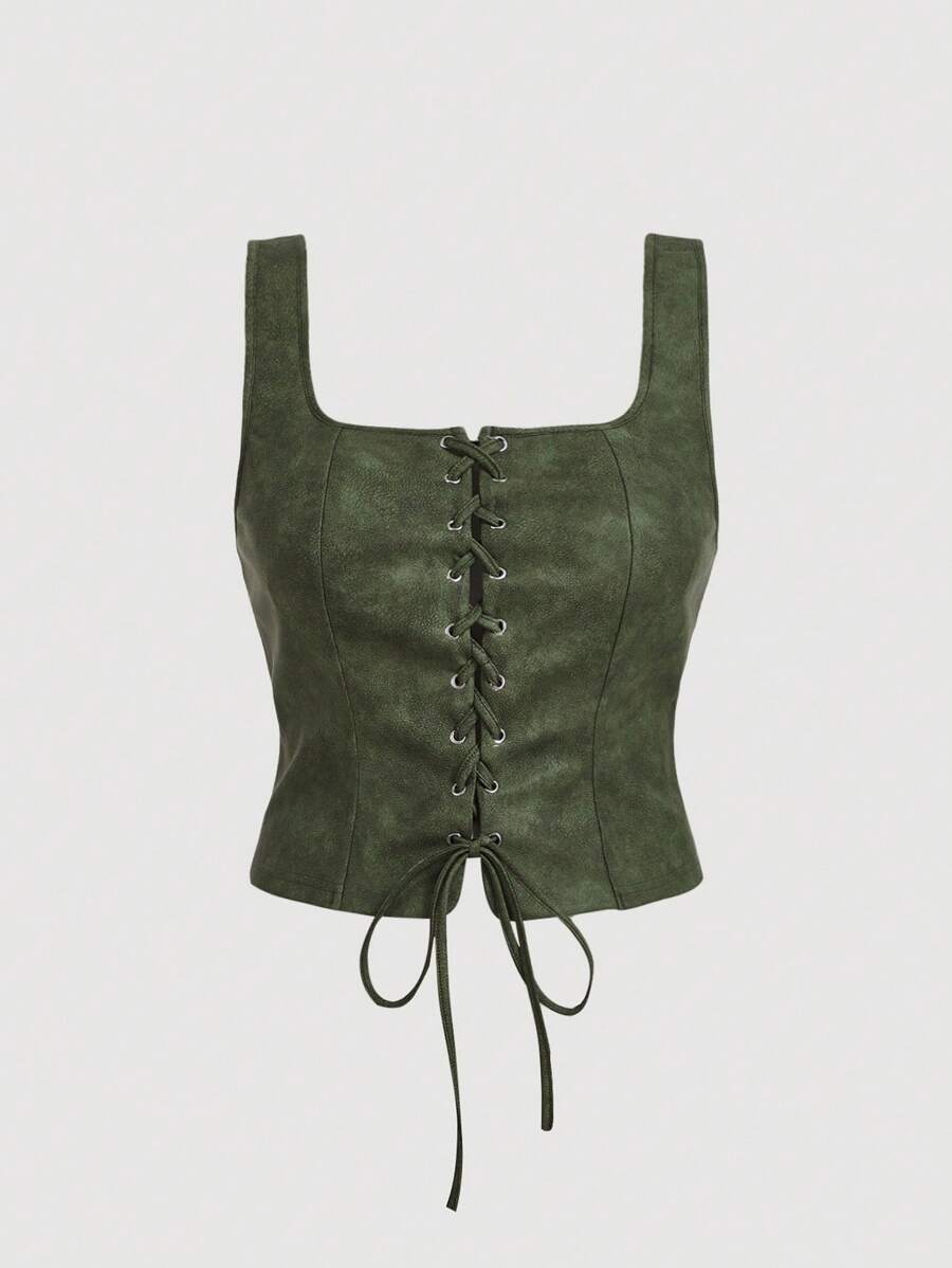 SHEIN MOD 大码女式复古镂空系带橄榄绿背心，休闲日常穿着，秋冬上衣，西部牛仔风，音乐会，商务，工作，做旧水洗效果，新年，情人节 - 軍綠色 - 查看 1