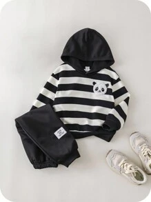 SHEIN 2-częściowy zestaw bluzy z kapturem i spodniami dresowymi dla chłopców z nadrukiem pandy, wygodny luźny dres na co dzień, do użytku w pomieszczeniach i na zewnątrz, na co dzień, do sportu, zabawy, na imprezę, do sesji zdjęciowej, na święta, do szkoły, na jesień/zimę