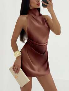 Aloruh Robe mini décontractée dos nu avec lien, motif imprimé élégant dégradé brun pour femme. Convient pour les fêtes d'été et la plage - Multicolore - Voir 4