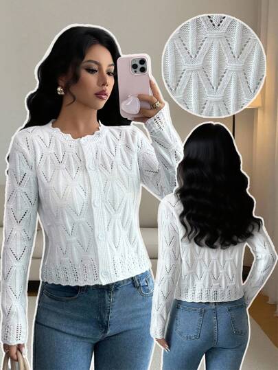 Calvaya Cardigan lavorato a maglia con collo a ciambella, bottoni sul davanti e design traforato per le donne