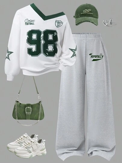 SHEIN ChillGRL ชุดเซ็ต 2 ชิ้น: เสื้อยืดแขนยาวขนาดใหญ่พิมพ์ดาว หมายเลข และตัวอักษรอังกฤษแนวสบายสไตล์สตรีทสำหรับสวมใส่ทุกวันและกางเกงขากว้างขอบจั๊ม