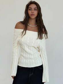 Aloruh Off-White Women's V-Neck Off-Shoulder Twist Knit Elegant Minimalist Sweater In Autumn/ Teachers' Day Date - Beige - View 5