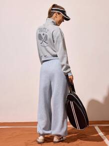 CourtClass Women's Fleece Tennis Jacket Fleece Tennis Sweatshirt With Printed Back, Warm Sweatshirt For Winter/Autumn, Women's Athletic Top, Tennis Tops, Women Tennis Outfit - Grey - View 6