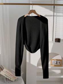 Teen Girl Black Knitwear Cardigan,Autumn Holiday Back-To-School Solid Loose Short Bolero Cardigan With Batwing Sleeves,Everyday Casual Cropped Tops - Black - View 3