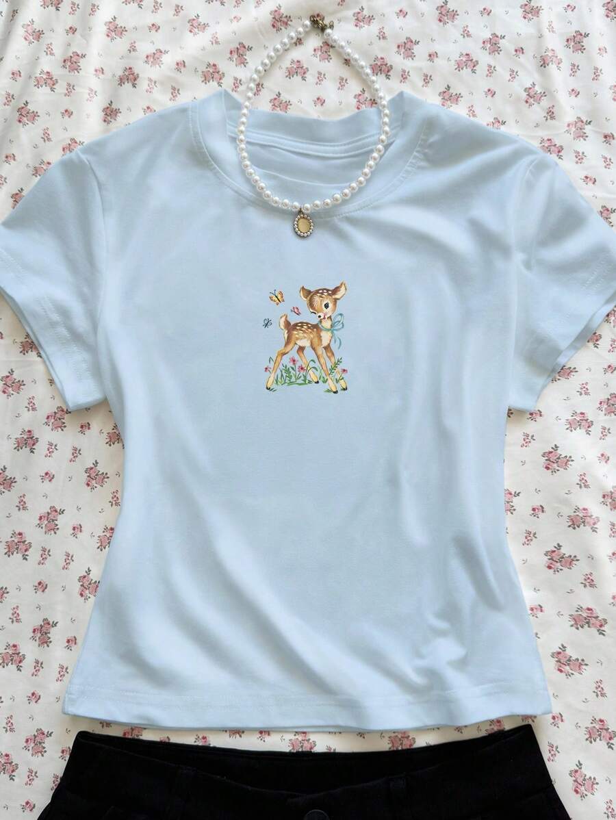 SHEIN EZwear 女士休闲圆领短袖鹿图案T恤 - 淺藍色 - 查看 1