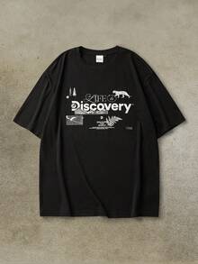 Discovery X SHEIN 男式字母与动物图案圆领短袖T恤 - 黑色 - 查看 2