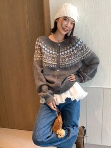 DAZY 女士圆领韩版撞色装饰心形开衫秋冬