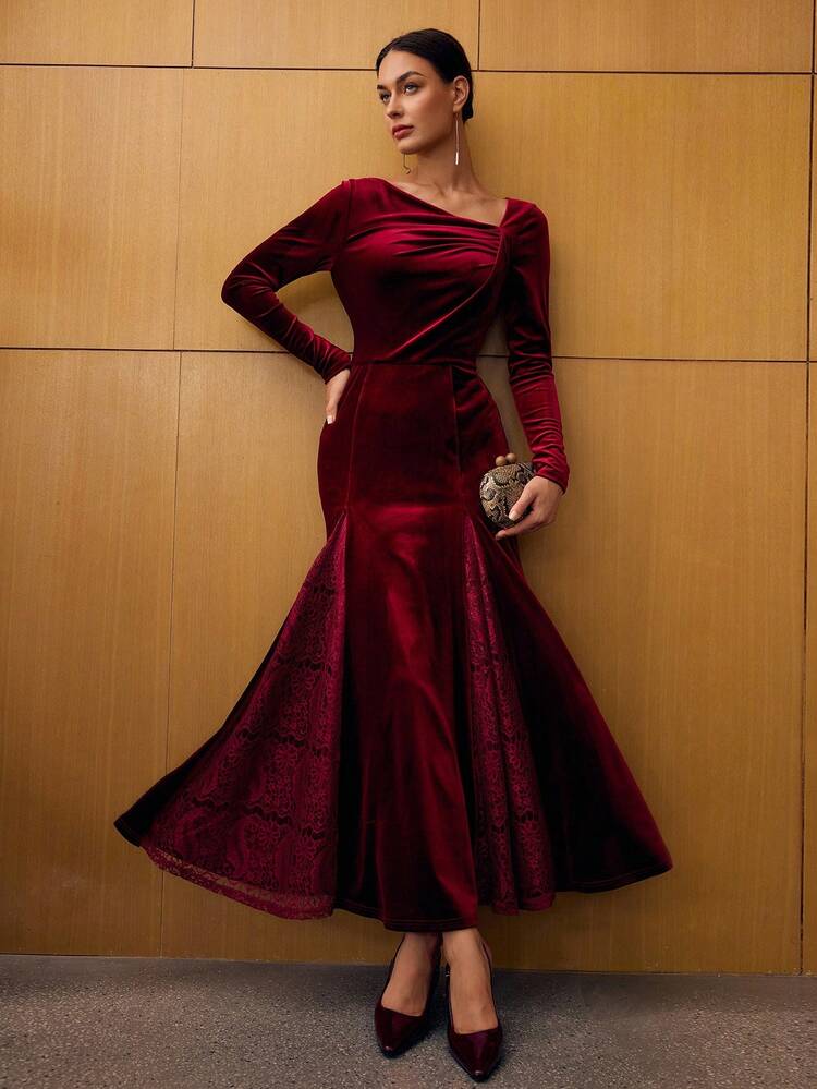 VELVET ASYMMETRICAL SHOULDER RUCHED MERMAID HEM LONG DRESS