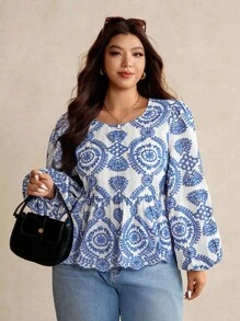 Elaquor Blus Wanita Ukuran Besar Kasual Modis Serbaguna dengan Bordir, Tali Belakang, Ruffle, dan Patchwork Warna Biru & Putih, Lengan Panjang, Pakaian Musim Gugur untuk Wanita - Blue and White - View 5