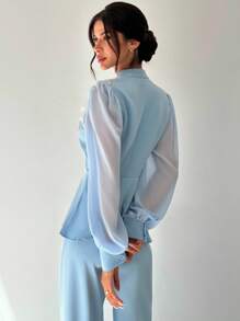 Firerie 女士优雅、精致、浪漫、端庄的日常通勤、约会、派对、返校、老师、度假珍珠和水钻装饰收腰雪纺灯笼袖夹克和高腰阔腿裤蓝色 2 件套 - 藍色 - 查看 3