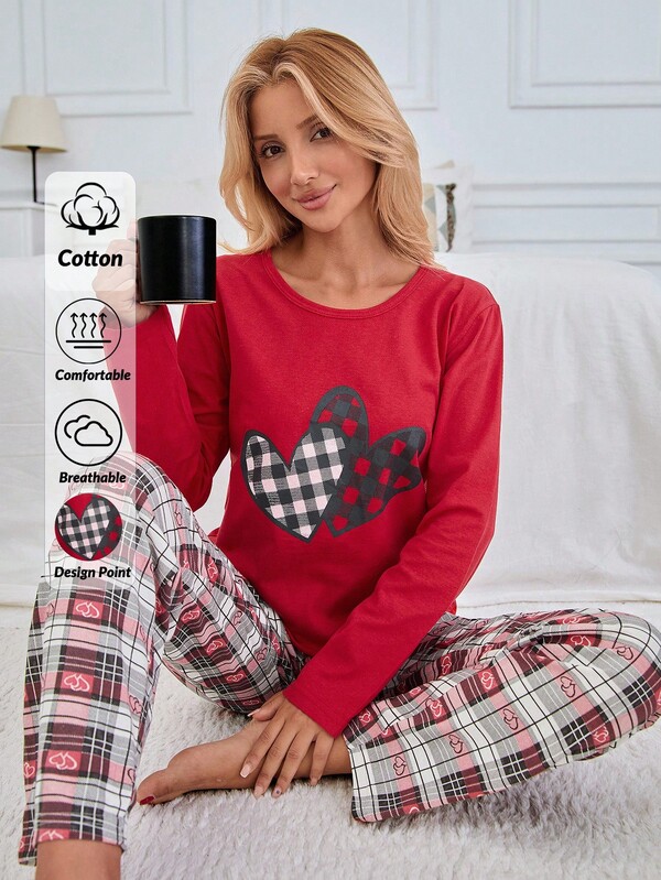 EURMUSE Komplet piżamowy 100% bawełny, 2 sztuki, z długim rękawem i nadrukiem w serca oraz w kratę i nadruk w serca