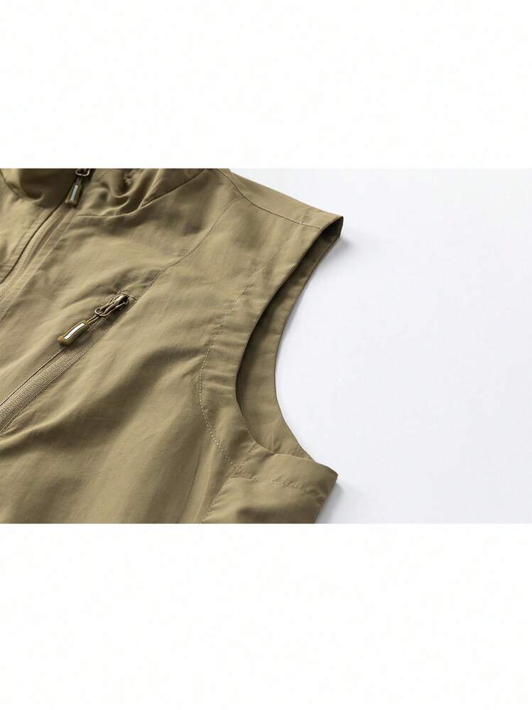 Manfinity Homme 男士休闲百搭简约无袖多口袋拉链背心，秋季 - 卡其色 - 查看 5