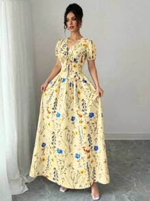 Elenzga 优雅女士夏季优雅松紧腰泡泡袖女士长裙、长裙。适合春夏季、演唱会女装，优雅适合日常通勤、音乐节、节日穿着 - 淡黃色 - 查看 1