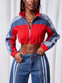 Slaydiva Chaqueta de mezclilla corta de mujer con bloqueo de color lavado