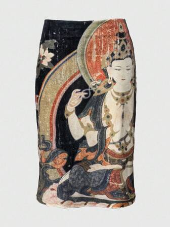 ROMWE Avant Orientalisch anmutende Buddha Thangka Malerei Damen Bleistiftrock