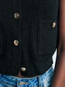 Maija 2025 休闲都市宽肩金属装饰柔软舒适女式短款开衫，适合初秋黑色背心女式黑色短款上衣女式西部上衣女式黑色无袖上衣女式黑色背心毛衣背心女式短款纽扣纽扣上衣女式背心黑色毛衣背心，女士秋季，女士冬季，冬季，夜间外出，女士外出上衣，夜间外出，约会之夜，老钱风格 - 黑色 - 查看 7