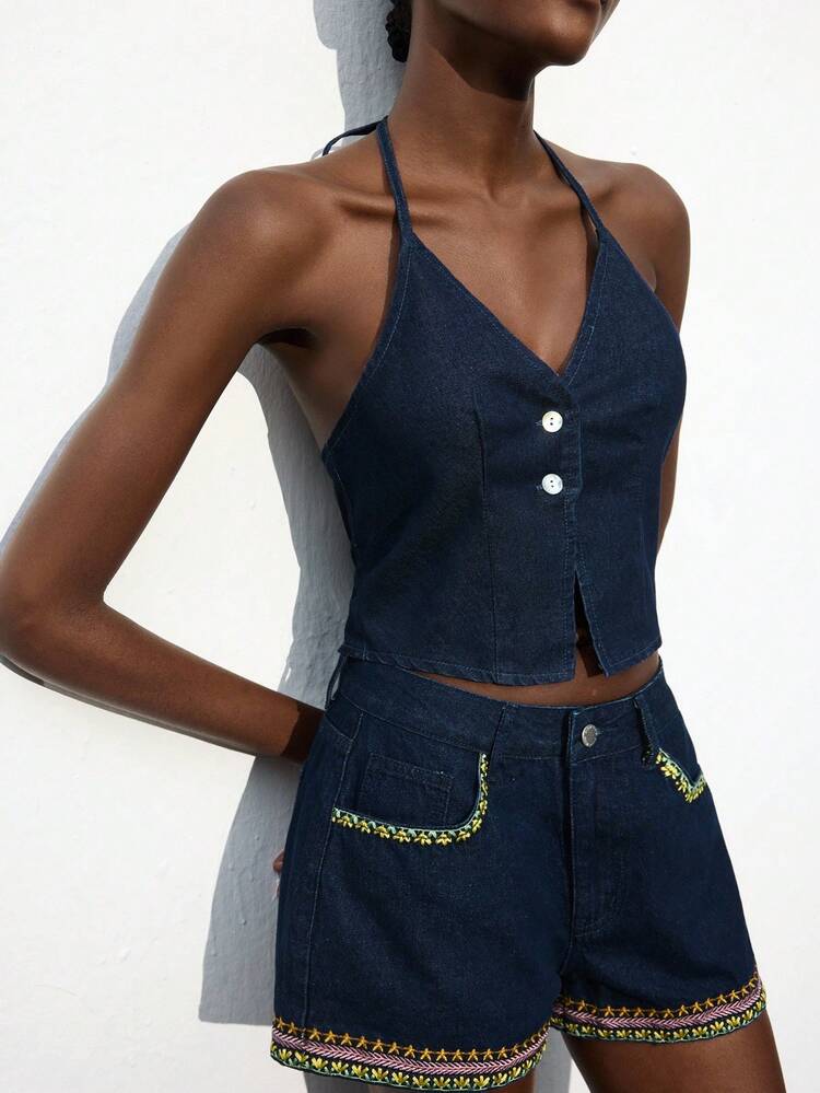 SHEIN Maija Women's Dark Blue Denim Top Sexy Open Back Top Bow Tie