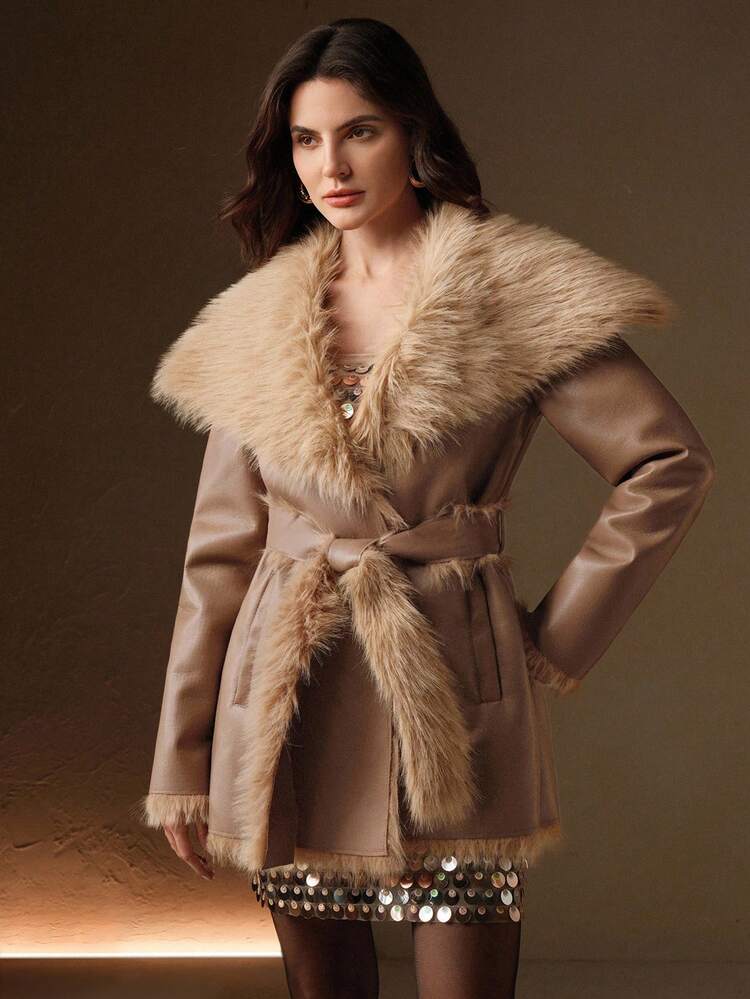 レディース フェイクファー ライナー カラーブロック フェイクレザージャケット ベルト付き、秋/冬、エレガント、フォーマル、パーティー、シック、新年、レディースウィンターコート、クリスマス、仕事、卒業