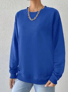 RueChic Solid Drop Shoulder Sweatshirt - Royal Blue - View 4