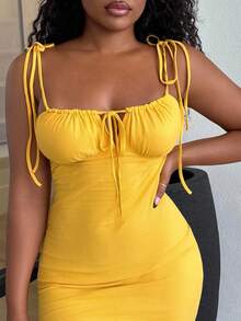 Alexandranx Tie Front Ruched Bust Tie Shoulder Cami Dress,Summer Dresses For Women,Pastel Dresses For Women