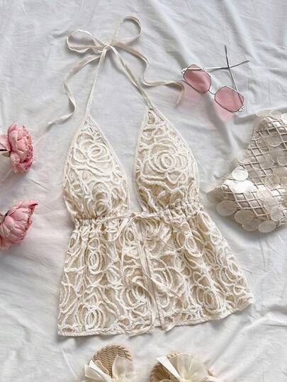 Soleia Women's Romantic Vacation Beaded Embroidered V-Neck Tie Backless Camisole Top, Suitable For Holiday, Date, Valentine's Day, Afternoon Tea, Party, Wedding Season, Beach, Spring/Summer Vacation, Cruise, Music Festival, Boho Lace Two Piece Set Crochet Two Piece Set Cream Two Piece Set Lace Top Crochet Top,Party Lace Halter Top Crochet Halter Top