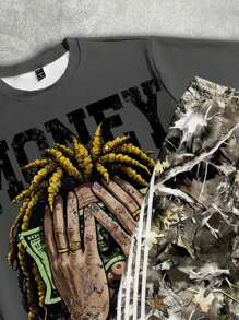 Manfinity Roghcode Men's Loose Portrait Graphic Short Sleeve T-Shirt And Pants Set, Summer - Grey - View 2