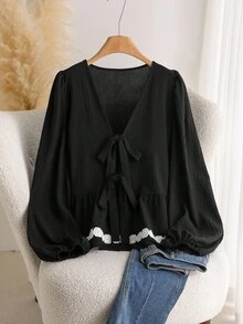 CosyJoli Áo len cardigan cổ chữ V tay dài phối ren chắp vá cỡ lớn, viền bèo nhún, thường ngày - màu đen - Xem 1