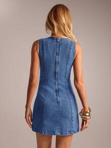 Avantive Váy ngắn denim màu xanh nhạt bó sát mùa hè cho nữ/Váy denim mùa hè/Kỳ nghỉ biển/Váy denim thường ngày cho nữ Váy chambray Váy denim không tay - Màu xanh lam - Xem 2