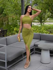 Carolina Barros Solid Crop Halter Top & Twist Front Split Thigh Skirt Two Piece - Green - View 6
