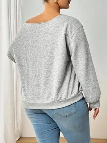 SHEIN PETITE CURVE 大码女式秋冬休闲/基本款针织地名图案单肩宽松长袖灰色运动衫，长袖上衣加州运动衫可爱运动衫露肩运动衫女式运动衫 - 淺灰色 - 查看 2