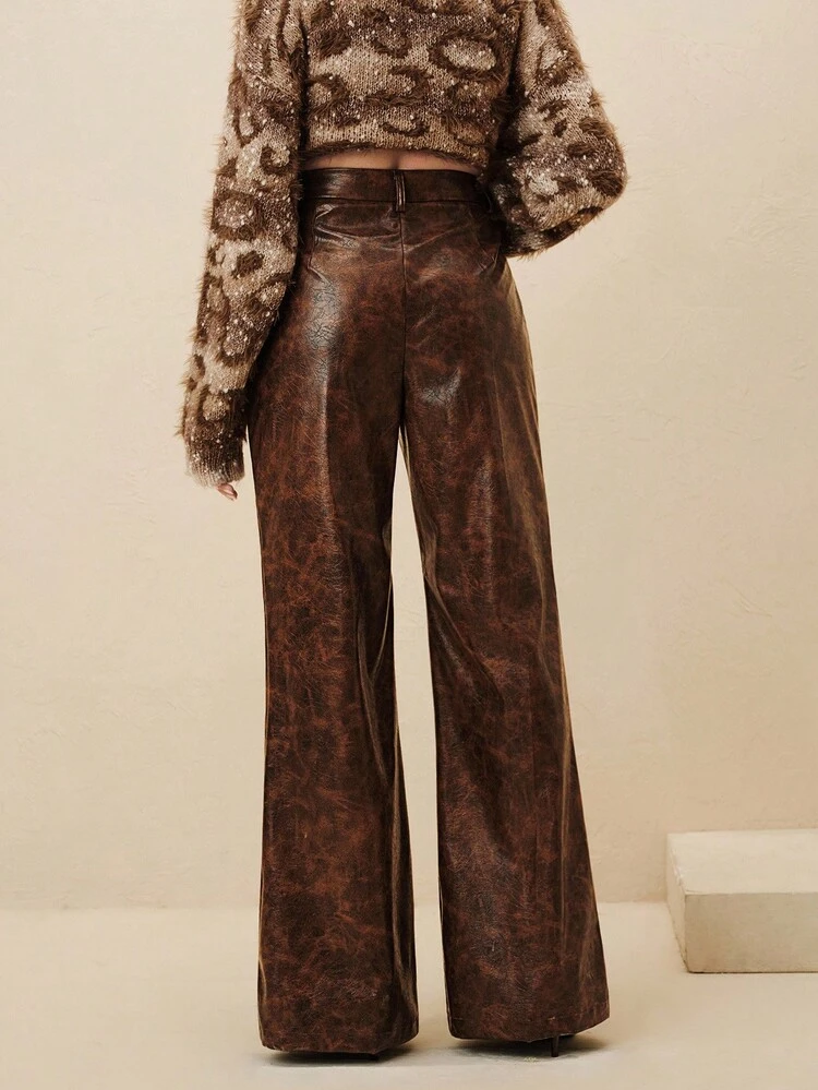 Novas Calças Femininas Versáteis de Couro Sintético (PU) com Babado, Adequadas para Sair, Elegantes, Formais, Chiques, Ano Novo, Natal, Festa