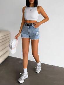 EURMUSE 100%Cotton Back Label Detailed Short With Destroy Summer Outfits For Women - Medium Wash - View 4