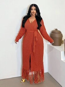 Maweii Halloween Plus Size Casual Solid Color Waist Tie Cardigans Fall Winter Cloth For Women - Orange - View 4