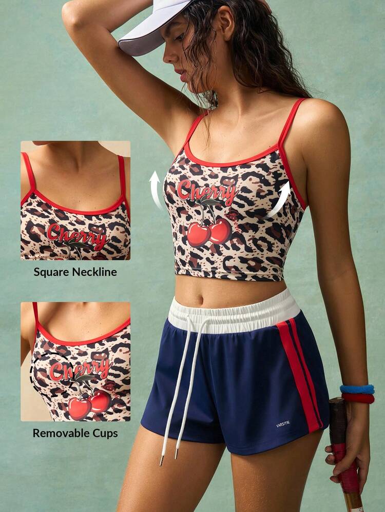 VARSIVA Leopard & Cherry Print Fitted Cropped Sports Camisole - Multicolor - View 9
