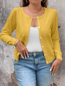 EMERY ROSE Cárdigan sólido versátil y casual de talla grande - Amarillo - Ver 5