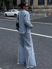 DAZY Distressed Slim Fit Denim Jacket & Wide Leg Jeans Set - Dark Wash - View 2